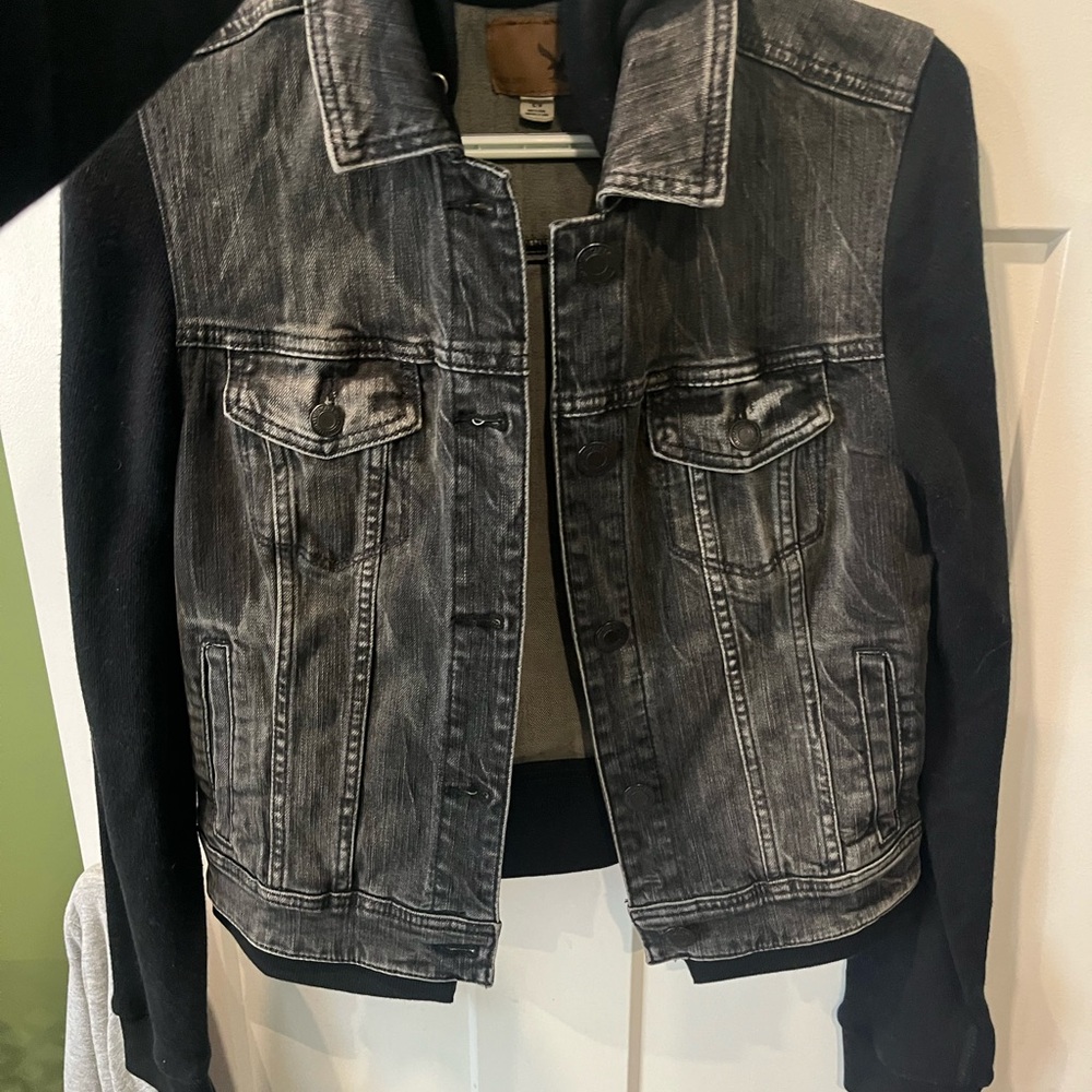 American Eagle Outfitters Black and Gray Denim Jacket